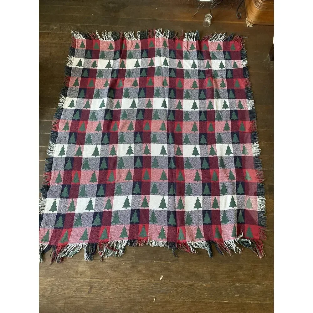 Afghan Knitted Throw Blanket 50X60 Trees Holiday Xmas Christmas Reversible Read!